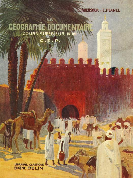 « La Géographie documentaire, dessin signé J. N., couverture de manuel scolaire, cours supérieur de 1ère année, Belin, 1939.
